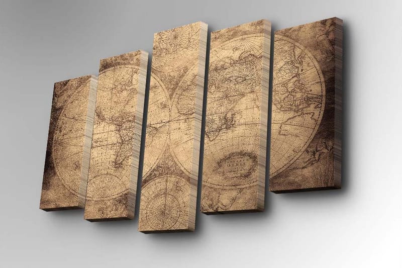 Lerretsbilde i 5 deler 82x50 cm - Vintage verdenskart med detaljerte konturer og koordinater - Beige / Brun - Innredning - Bilder & kunst - Lerretsbilder