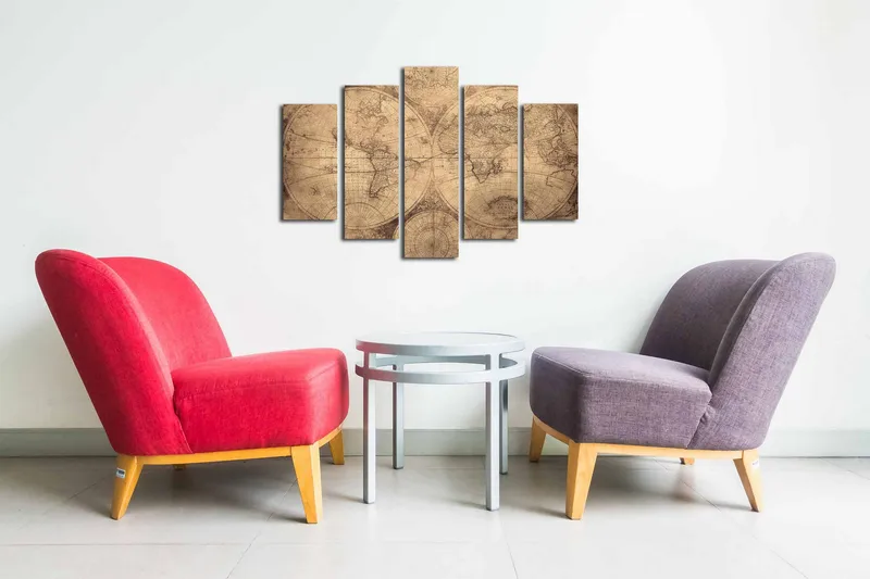 Lerretsbilde i 5 deler 82x50 cm - Vintage verdenskart med detaljerte konturer og koordinater - Beige / Brun - Innredning - Bilder & kunst - Lerretsbilder
