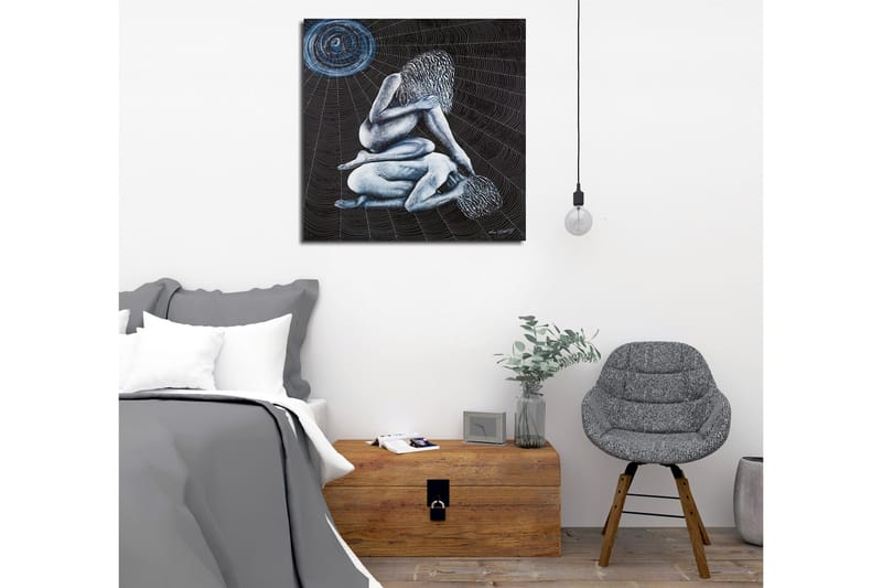 Lerretsbilde - Intim scene med to nakne figurer i en kompleks posisjon - Mørk blå / Lys blå / Svart - Innredning - Bilder & kunst - Lerretsbilder
