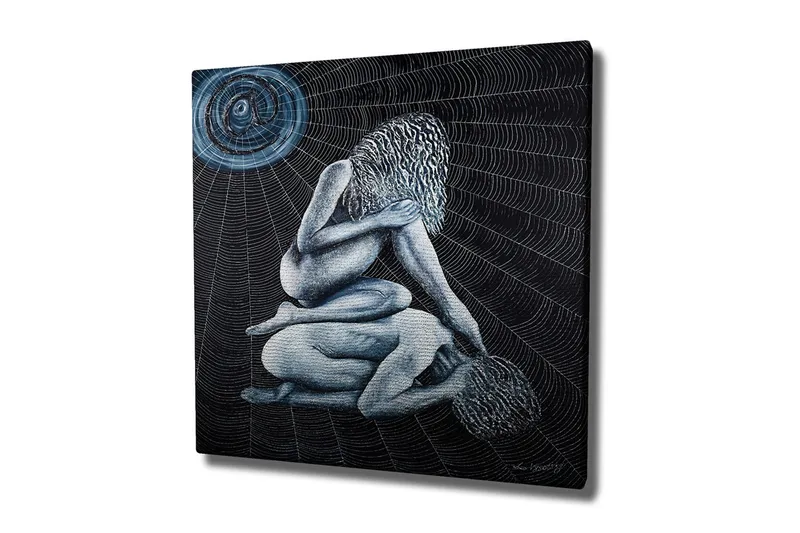 Lerretsbilde - Intim scene med to nakne figurer i en kompleks posisjon, Mørk blå / Lys blå / Svart