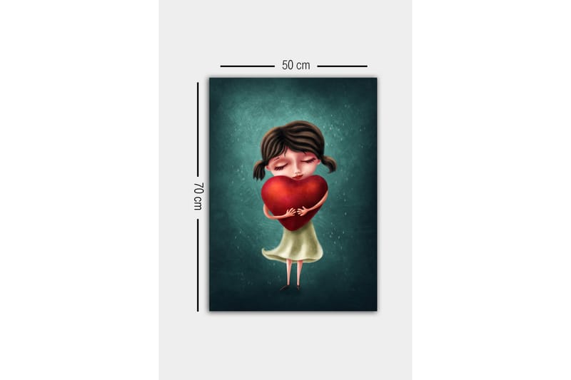 Lerretsbilde - Jente som holder et stort rødt hjerte - Rød / Grønn / Beige - Innredning - Bilder & kunst - Lerretsbilder