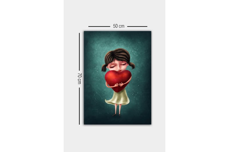 Lerretsbilde - Jente som holder et stort rødt hjerte - Rød / Grønn / Beige - Innredning - Bilder & kunst - Lerretsbilder