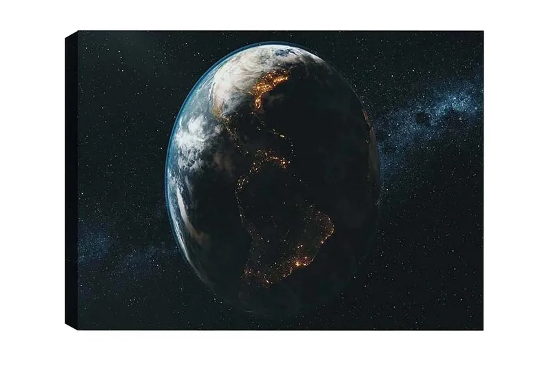 Lerretsbilde - Jorden sett fra verdensrommet med lys som fremhever byene, Blå / Grønn / Svart