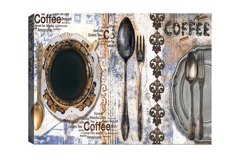 Lerretsbilde - Kaffe og bestikk på en dekorert tallerken - Svart / Gull / Grå - Innredning - Bilder & kunst - Lerretsbilder