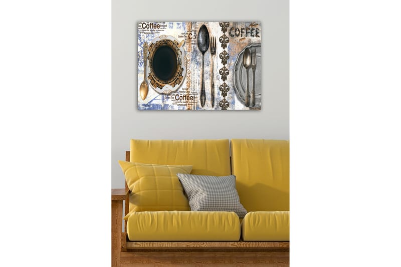 Lerretsbilde - Kaffe og bestikk på en dekorert tallerken - Svart / Gull / Grå - Innredning - Bilder & kunst - Lerretsbilder