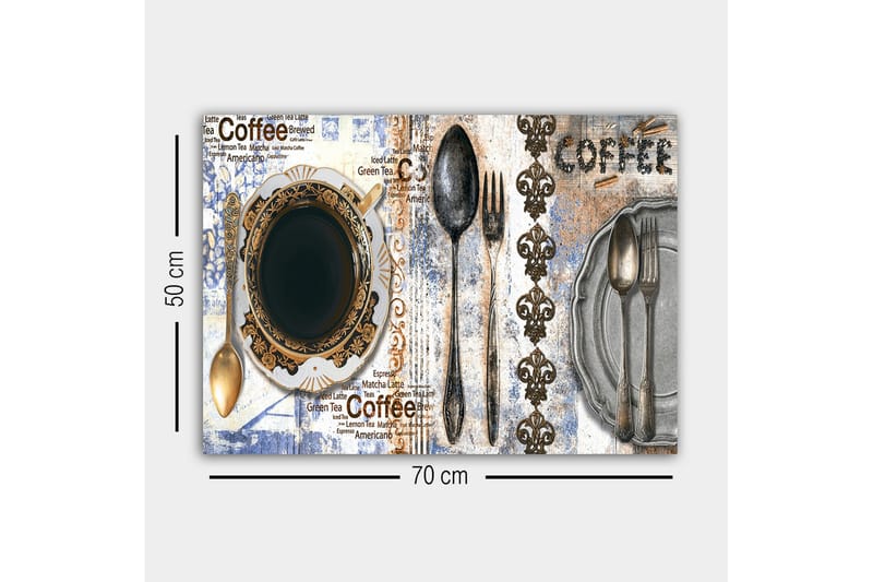 Lerretsbilde - Kaffe og bestikk på en dekorert tallerken - Svart / Gull / Grå - Innredning - Bilder & kunst - Lerretsbilder