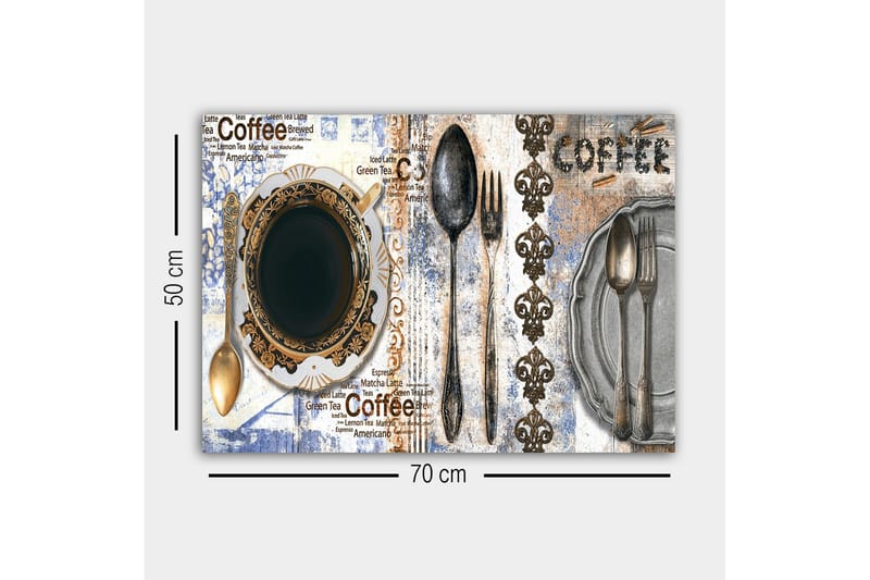 Lerretsbilde - Kaffe og bestikk på en dekorert tallerken - Svart / Gull / Grå - Innredning - Bilder & kunst - Lerretsbilder