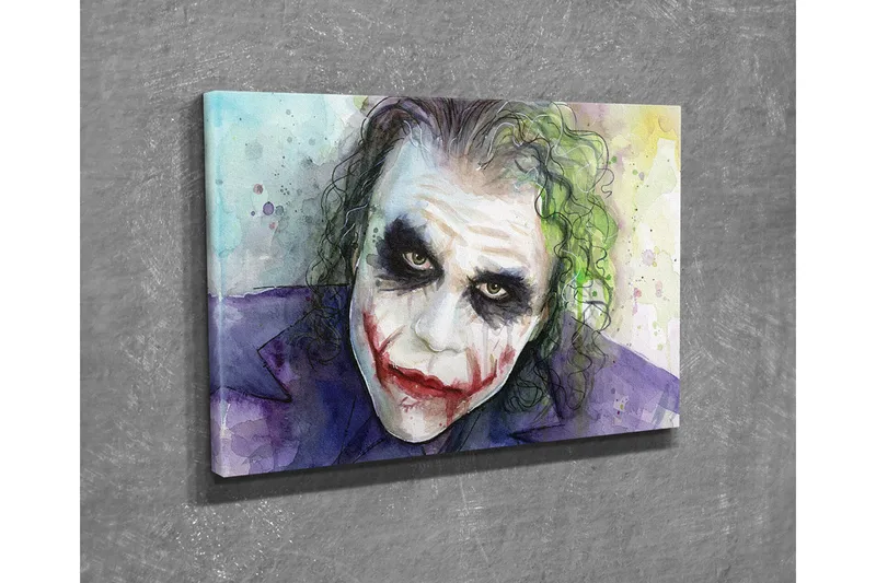 Lerretsbilde - Karakterbilde av en joker med dramatisk sminke og uttrykksfulle øyne - Lilla / Grønn / Hvit - Innredning - Bilder & kunst - Lerretsbilder