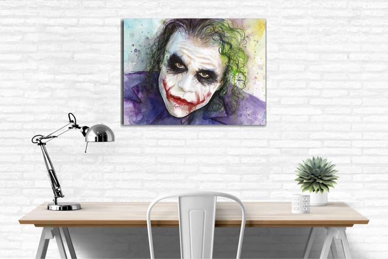 Lerretsbilde - Karakterbilde av en joker med dramatisk sminke og uttrykksfulle øyne - Lilla / Grønn / Hvit - Innredning - Bilder & kunst - Lerretsbilder