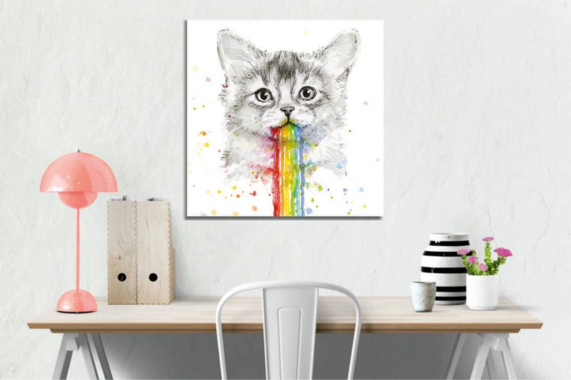 Lerretsbilde - Katt med regnbuefarget oppkast - Grå / Regnbue (rød / Oransje - Innredning - Bilder & kunst - Lerretsbilder