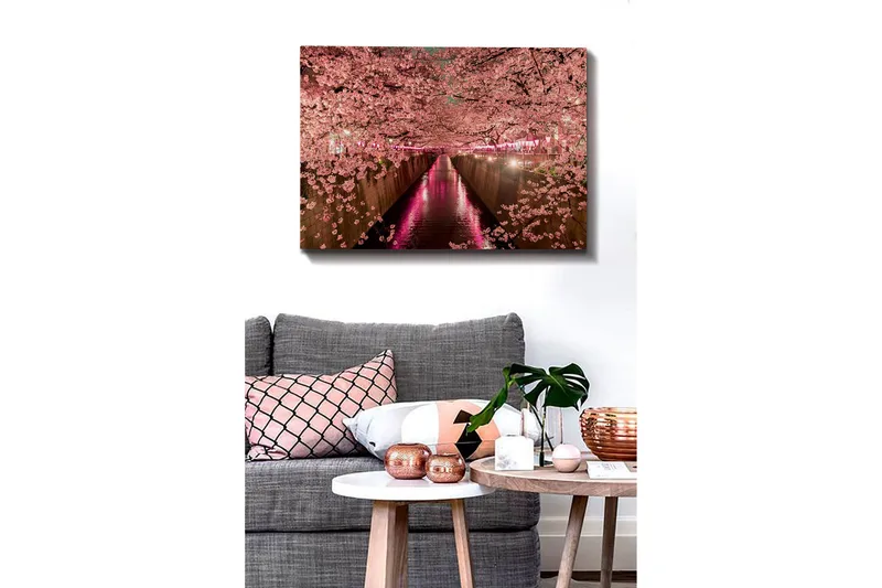 Lerretsbilde - Kirsebærblomster ved en kanal - Rosa / Grønn / Lilla - Innredning - Bilder & kunst - Lerretsbilder