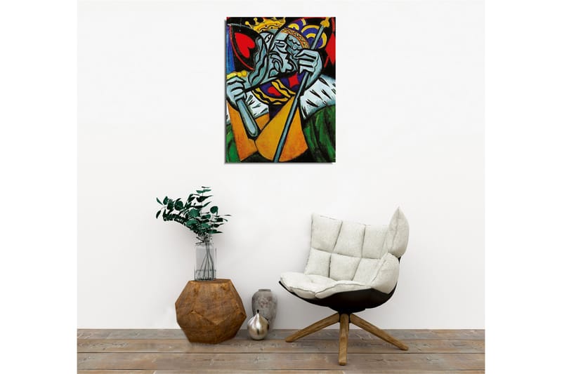 Lerretsbilde - Kongelig figur med et trist uttrykk og detaljert krone - Grønn / Rød / Blå - Innredning - Bilder & kunst - Lerretsbilder