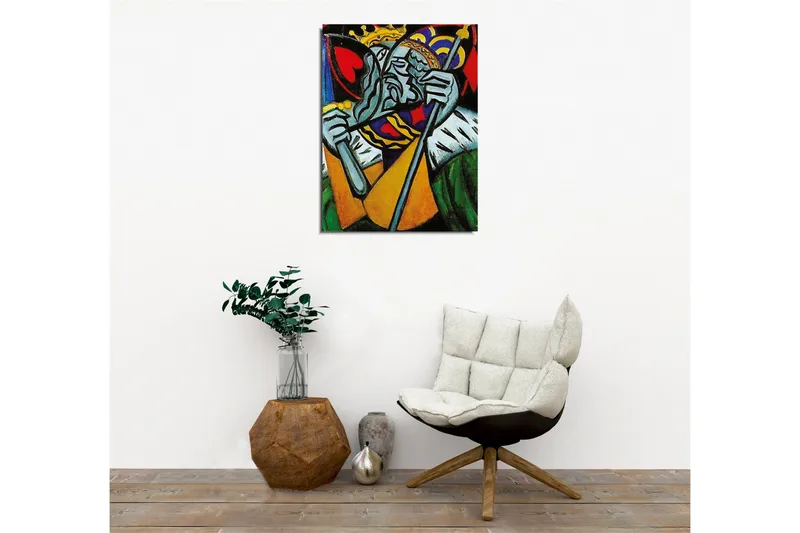 Lerretsbilde - Kongelig figur med et trist uttrykk og detaljert krone - Grønn / Rød / Blå - Innredning - Bilder & kunst - Lerretsbilder