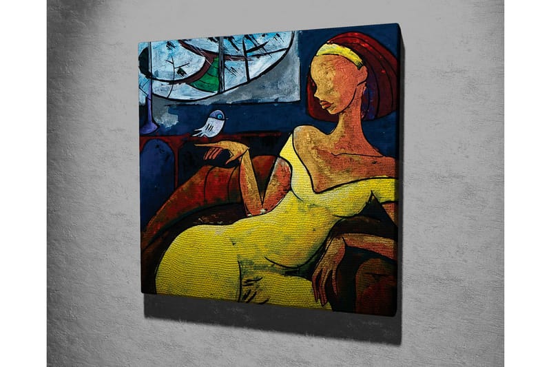 Lerretsbilde - Kvinne i gul kjole som sitter med en fugl på hånden - Gul / Blå / Rød - Innredning - Bilder & kunst - Lerretsbilder