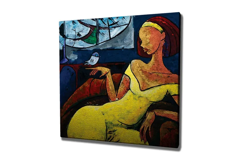 Lerretsbilde - Kvinne i gul kjole som sitter med en fugl på hånden, Gul / Blå / Rød