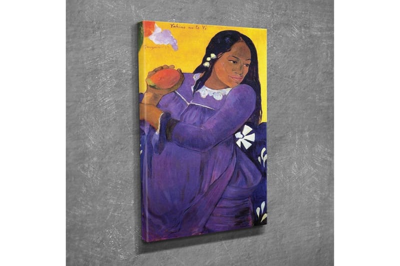 Lerretsbilde - Kvinne i lilla kjole som holder en frukt - Lilla / Gul / Hvit - Innredning - Bilder & kunst - Lerretsbilder