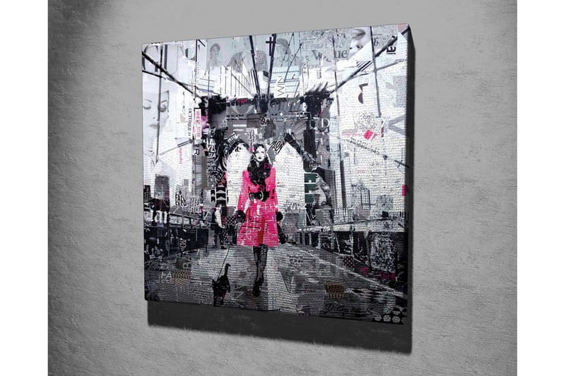 Lerretsbilde - Kvinne i rosa frakk går med en katt på en bro - Rosa / Svart / Grå - Innredning - Bilder & kunst - Lerretsbilder
