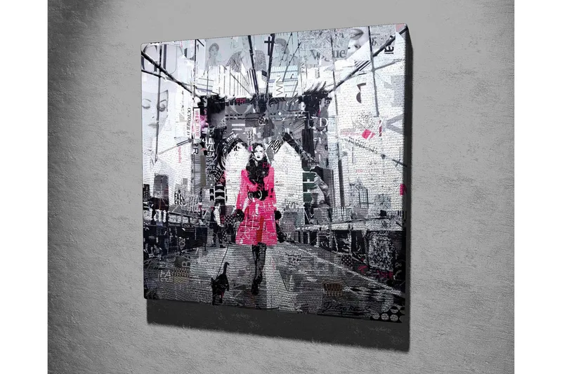 Lerretsbilde - Kvinne i rosa frakk går med en katt på en bro - Rosa / Svart / Grå - Innredning - Bilder & kunst - Lerretsbilder