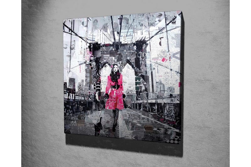 Lerretsbilde - Kvinne i rosa frakk går med en katt på en bro - Rosa / Svart / Grå - Innredning - Bilder & kunst - Lerretsbilder