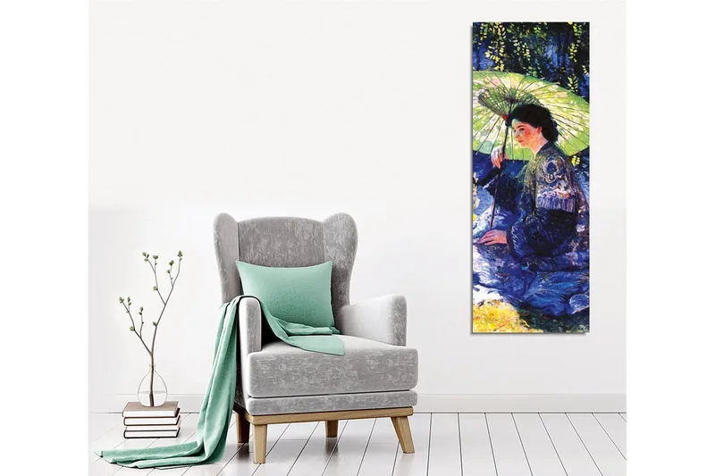 Lerretsbilde - Kvinne med parasoll i et grønt miljø - Mørk blå / Grønn / Svart - Innredning - Bilder & kunst - Lerretsbilder