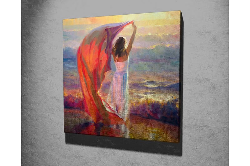 Lerretsbilde - Kvinne som holder opp et rødt sjal ved sjøen - Rød / Hvit / Blå - Innredning - Bilder & kunst - Lerretsbilder