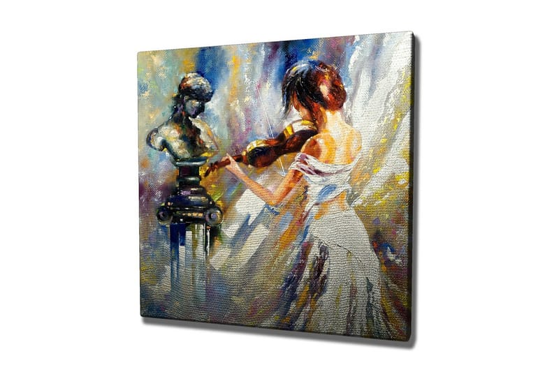 Lerretsbilde - Kvinne som spiller fiolin med en skulptur i bakgrunnen, Hvit / Blå / Gull