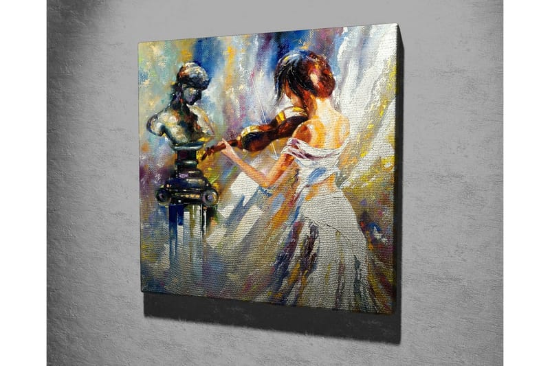 Lerretsbilde - Kvinne som spiller fiolin med en skulptur i bakgrunnen - Hvit / Blå / Gull - Innredning - Bilder & kunst - Lerretsbilder