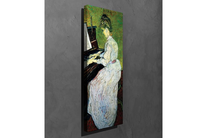 Lerretsbilde - Kvinne som spiller piano i hvit kjole - Grønn / Hvit / Brun - Innredning - Bilder & kunst - Lerretsbilder