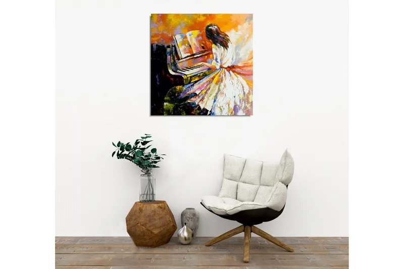 Lerretsbilde - Kvinne som spiller piano i fargerike omgivelser - Oransje / Hvit / Svart - Innredning - Bilder & kunst - Lerretsbilder