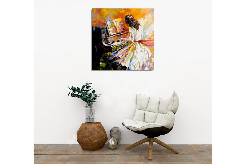 Lerretsbilde - Kvinne som spiller piano i fargerike omgivelser - Oransje / Hvit / Svart - Innredning - Bilder & kunst - Lerretsbilder