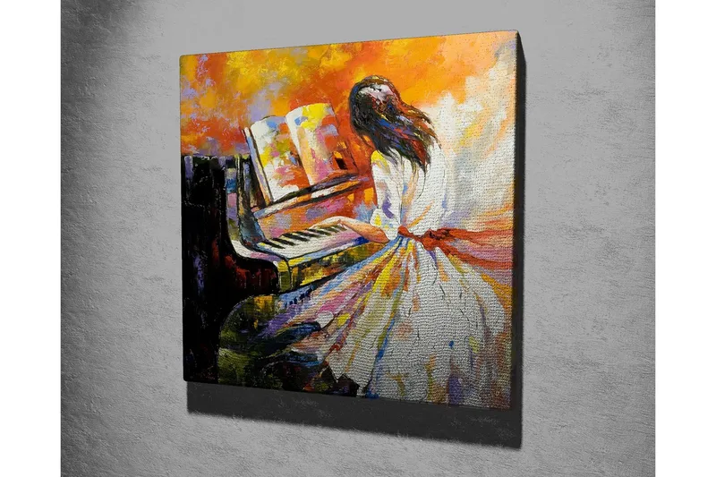 Lerretsbilde - Kvinne som spiller piano i fargerike omgivelser - Oransje / Hvit / Svart - Innredning - Bilder & kunst - Lerretsbilder