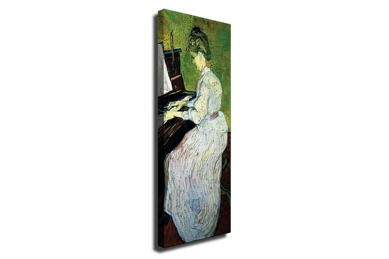 Lerretsbilde - Kvinne som spiller piano i hvit kjole, Grønn / Hvit / Brun