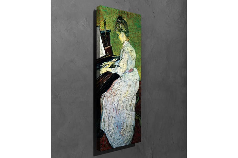 Lerretsbilde - Kvinne som spiller piano i hvit kjole - Grønn / Hvit / Brun - Innredning - Bilder & kunst - Lerretsbilder