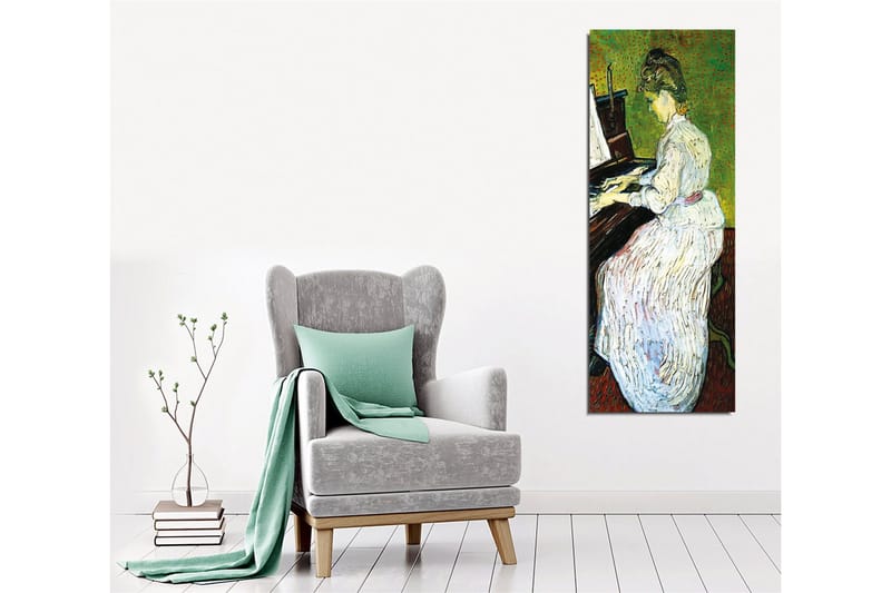 Lerretsbilde - Kvinne som spiller piano i hvit kjole - Grønn / Hvit / Brun - Innredning - Bilder & kunst - Lerretsbilder