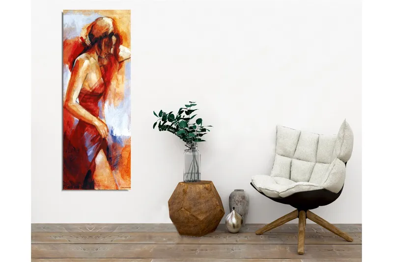 Lerretsbilde - Kvinnefigur i rød kjole med myke penselstrøk - Rød / Beige / Hvit - Innredning - Bilder & kunst - Lerretsbilder