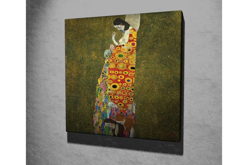 Lerretsbilde - Kvinnefigur med fargerik kjole dekorert med sirkler og blomster - Rød / Gul / Grønn - Innredning - Bilder & kunst - Lerretsbilder