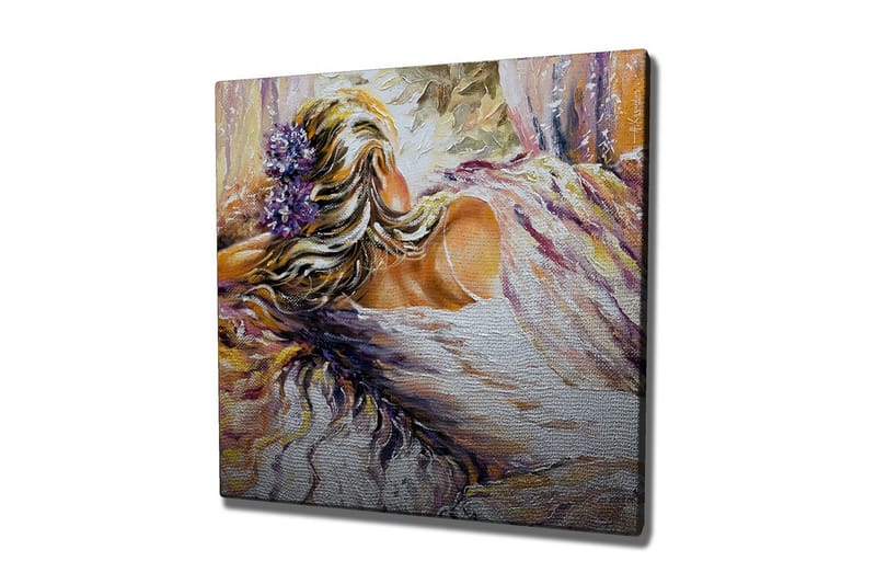 Lerretsbilde - Kvinnelig figur med blomster i håret som hviler i myke omgivelser, Lilla / Beige / Hvit