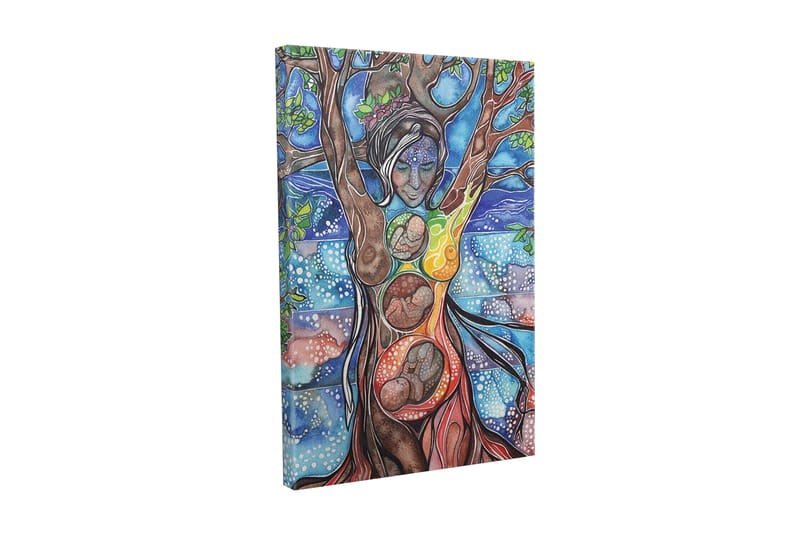Lerretsbilde - Kvinnelig figur som forener menneske og natur gjennom treets røtter og grener, Grønn / Blå / Brun