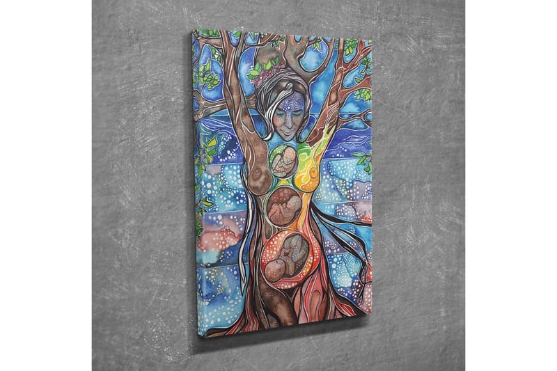 Lerretsbilde - Kvinnelig figur som forener menneske og natur gjennom treets røtter og grener - Grønn / Blå / Brun - Innredning - Bilder & kunst - Lerretsbilder