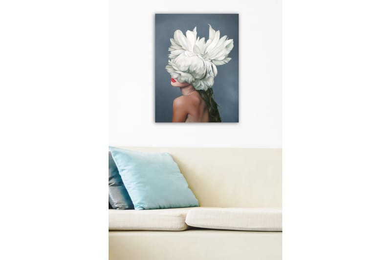 Lerretsbilde - Kvinnelig silhuett med en stor hvit blomsterkrans som dekker ansiktet hennes - Hvit / Hudtone / Rød - Innredning - Bilder & kunst - Lerretsbilder
