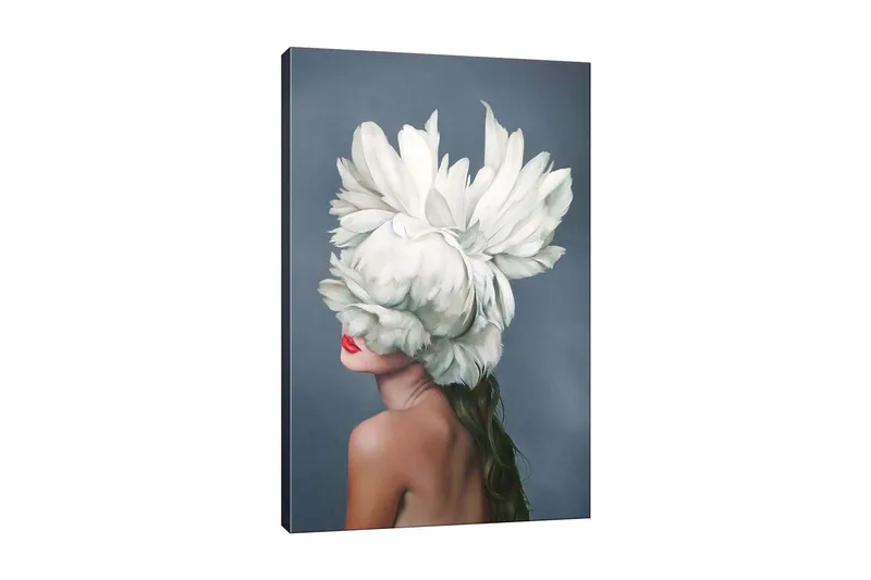 Lerretsbilde - Kvinnelig silhuett med en stor hvit blomsterkrans som dekker ansiktet hennes, Hvit / Hudtone / Rød