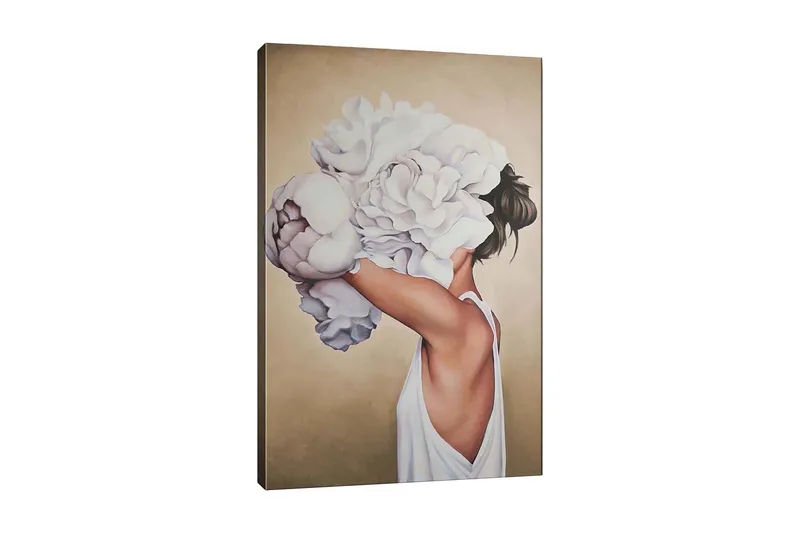 Lerretsbilde - Kvinnelig silhuett med store hvite blomster som skjuler ansiktet hennes - Hvit / Beige / Lys rosa - Innredning - Bilder & kunst - Lerretsbilder