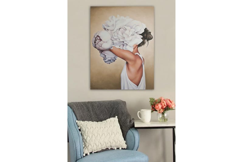 Lerretsbilde - Kvinnelig silhuett med store hvite blomster som skjuler ansiktet hennes - Hvit / Beige / Lys rosa - Innredning - Bilder & kunst - Lerretsbilder