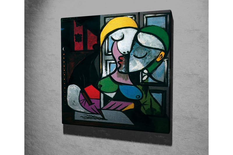 Lerretsbilde - Kyssende par i abstrakt stil - Grønn / Gul / Lilla - Innredning - Bilder & kunst - Lerretsbilder