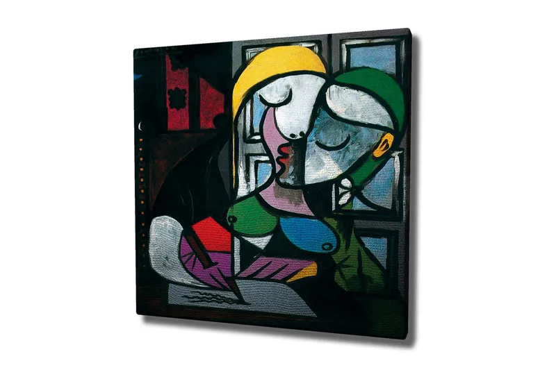 Lerretsbilde - Kyssende par i abstrakt stil, Grønn / Gul / Lilla