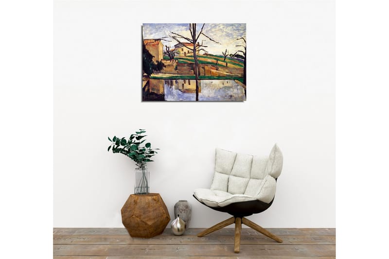 Lerretsbilde - Landskap med hus og refleksjon i vann - Grønn / Beige / Blå - Innredning - Bilder & kunst - Lerretsbilder