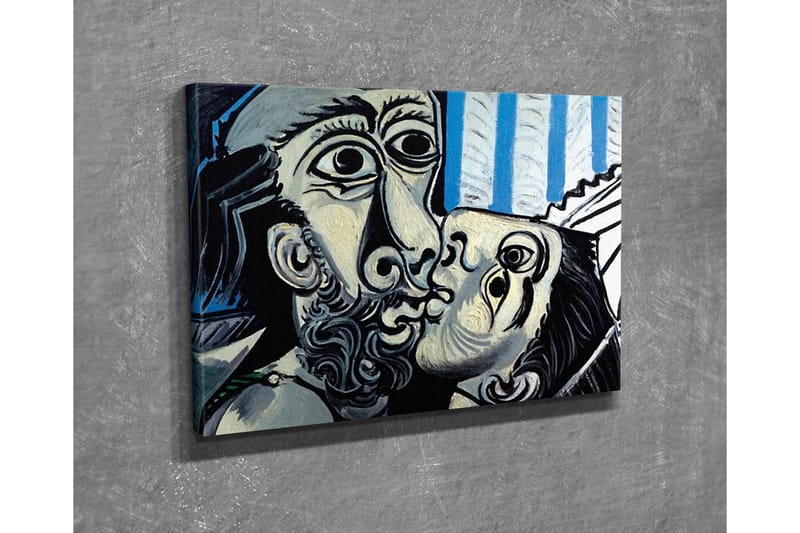 Lerretsbilde - Lidenskapelig møte mellom to ansikter - Svart / Hvit / Blå - Innredning - Bilder & kunst - Lerretsbilder