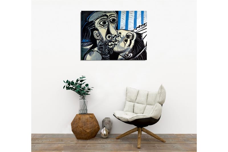 Lerretsbilde - Lidenskapelig møte mellom to ansikter - Svart / Hvit / Blå - Innredning - Bilder & kunst - Lerretsbilder