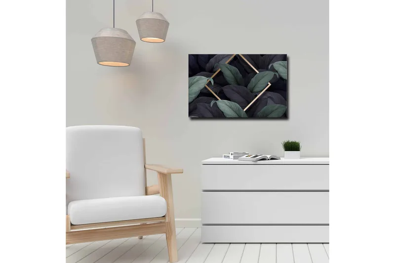 Lerretsbilde - Mørkegrønne og svarte blader i en elegant komposisjon - Mørkegrønn / Svart / Gull - Innredning - Bilder & kunst - Lerretsbilder