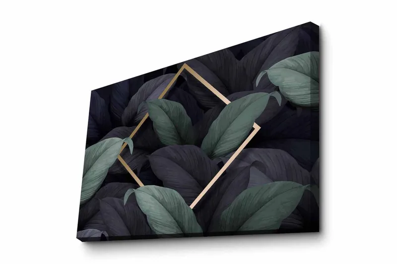 Lerretsbilde - Mørkegrønne og svarte blader i en elegant komposisjon, Mørkegrønn / Svart / Gull